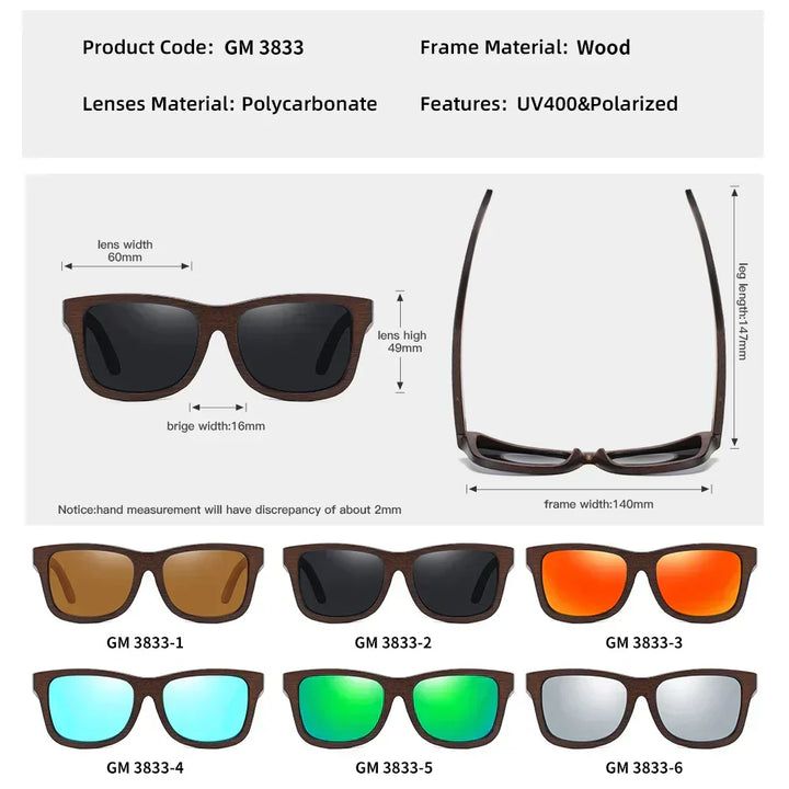 Stilrena unisex solglasögon med trälookbågar och effektiva polariserade UV400-linser.