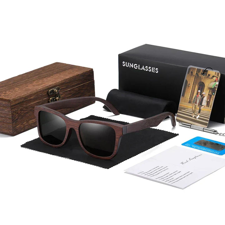 Idealiska unisex solglasögon för utomhusbruk med trälook, polarisering och UV400-skydd.