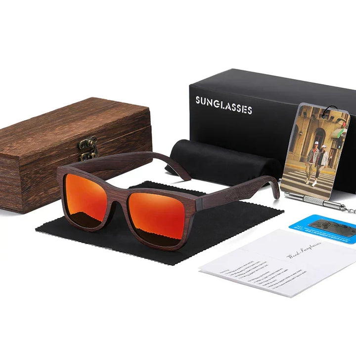 Unisex mode solglasögon i trälook med polariserade UV400-linser, stilrena för varje tillfälle.