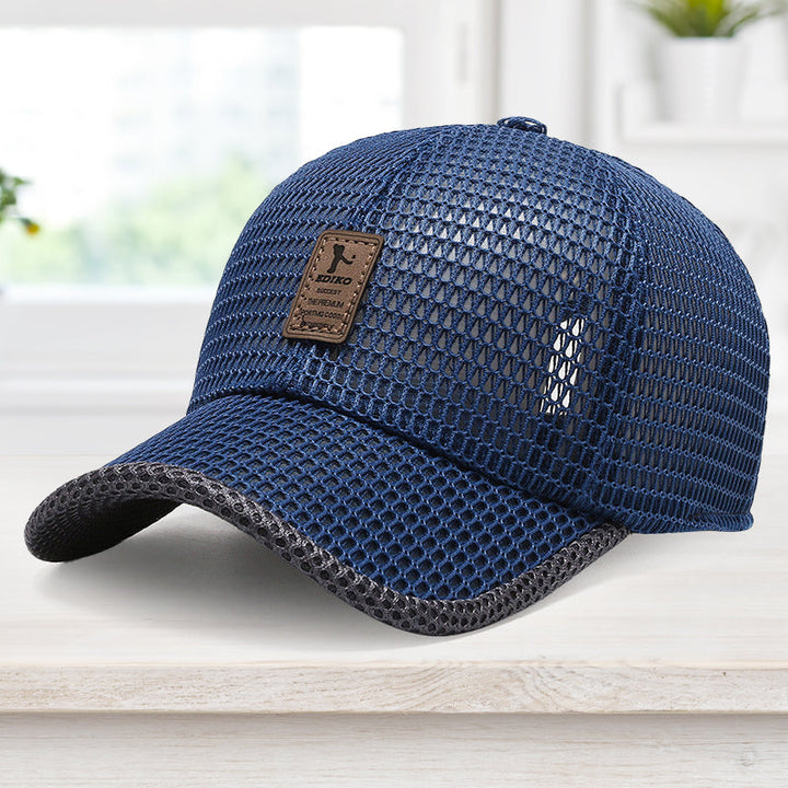 "Unisex sommar mesh basebollkeps, justerbar och ventilerad, perfekt för utomhusaktiviteter, svart och marinblå färg."