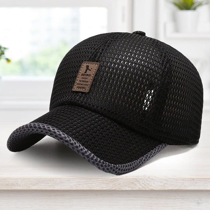 "Unisex sommar mesh basebollkeps, justerbar och ventilerad, perfekt för utomhusaktiviteter, svart och marinblå färg."