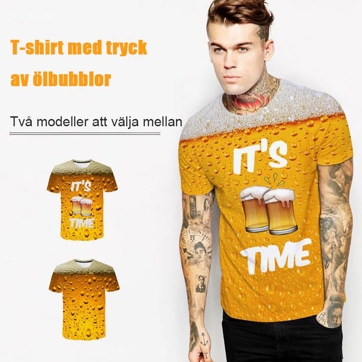 "Unisex sommar t-shirt med 3D-ölmotiv, rund hals, korta ärmar, ölbubbelmönster, bekväm polyester och spandex mix."