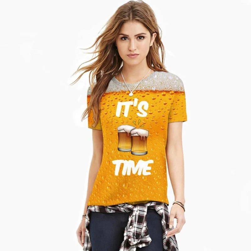 "Unisex sommar t-shirt med 3D-ölmotiv, rund hals, korta ärmar, ölbubbelmönster, bekväm polyester och spandex mix."
