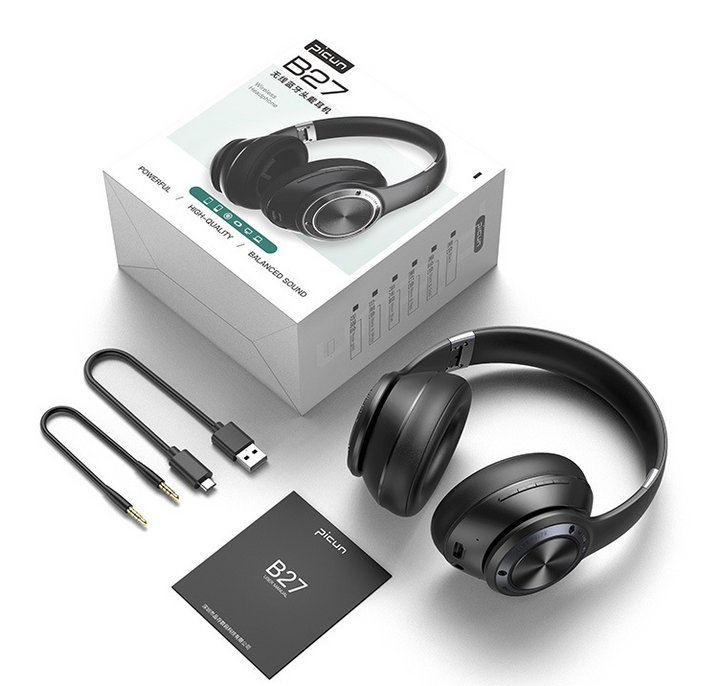 Svarta SoundFold brusreducerande over-ear hörlurar med trådlös Bluetooth, idealisk för pendling.