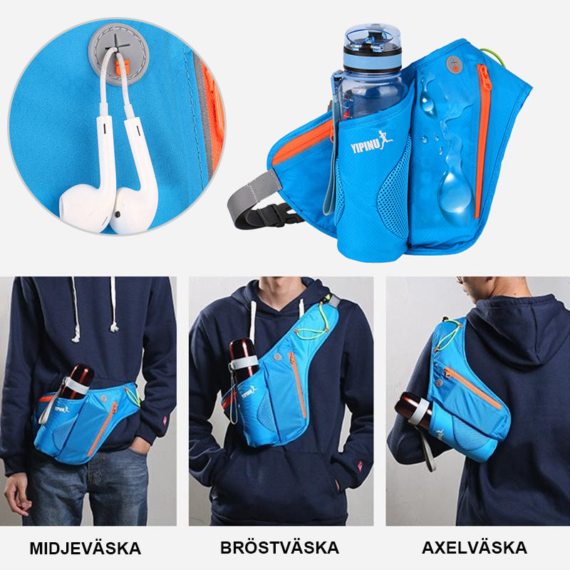 "Unisex sport midjeväska med reflekterande detaljer, rymlig för vattenflaska och mobil, olika färger, säker för utomhusbruk."