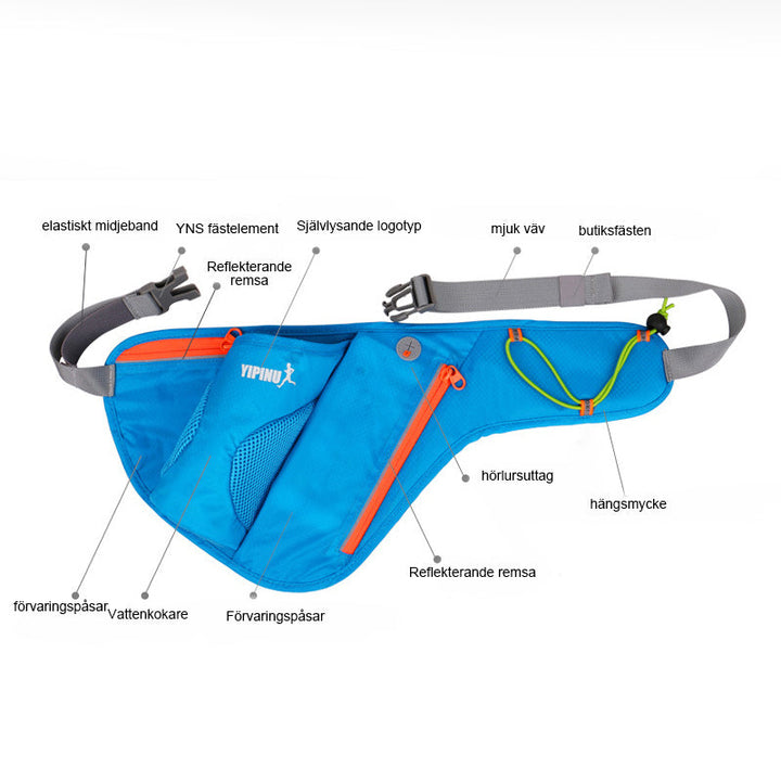 "Unisex sport midjeväska med reflekterande detaljer, rymlig för vattenflaska och mobil, olika färger, säker för utomhusbruk."