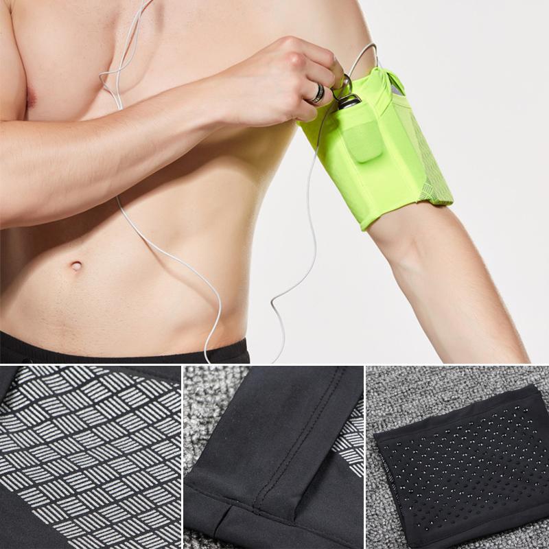 "Unisex sportarmband för träning med hörlurshål, tajt passform, halksäkert silikon, ficka för nycklar, i olika färger."