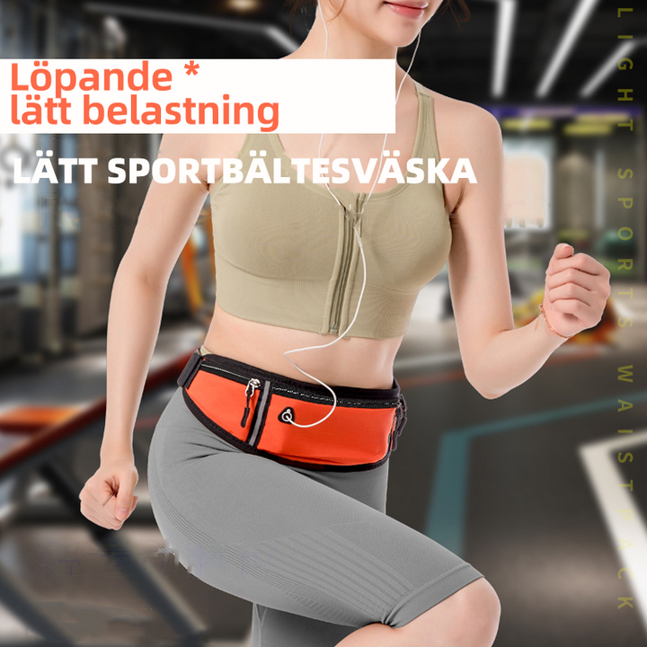 "Unisex sportig midjeväska i vattenavvisande tyg med reflexer, flera fickor och hörlurshål, idealisk för träning."