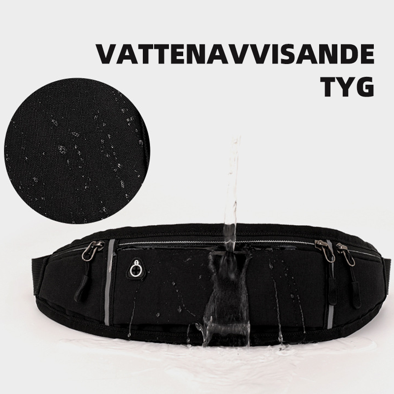 "Unisex sportig midjeväska i vattenavvisande tyg med reflexer, flera fickor och hörlurshål, idealisk för träning."