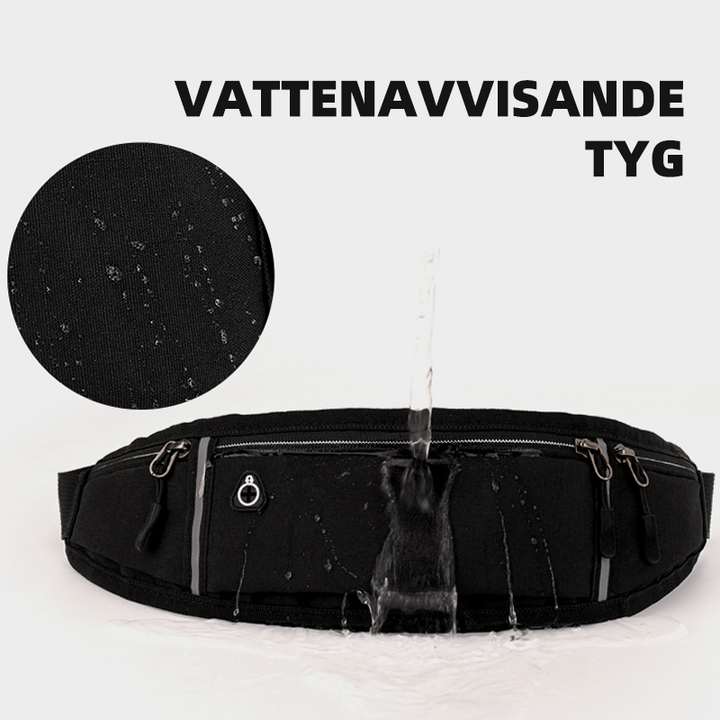 "Unisex sportig midjeväska i vattenavvisande tyg med reflexer, flera fickor och hörlurshål, idealisk för träning."