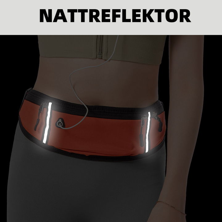 "Unisex sportig midjeväska i vattenavvisande tyg med reflexer, flera fickor och hörlurshål, idealisk för träning."