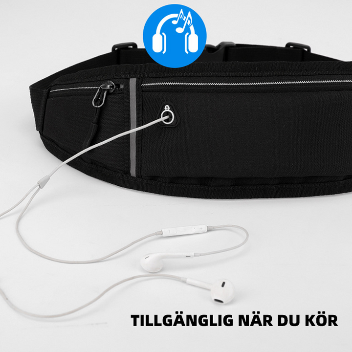"Unisex sportig midjeväska i vattenavvisande tyg med reflexer, flera fickor och hörlurshål, idealisk för träning."