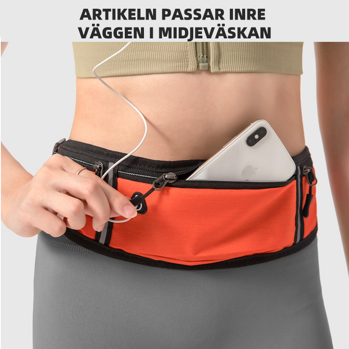 "Unisex sportig midjeväska i vattenavvisande tyg med reflexer, flera fickor och hörlurshål, idealisk för träning."