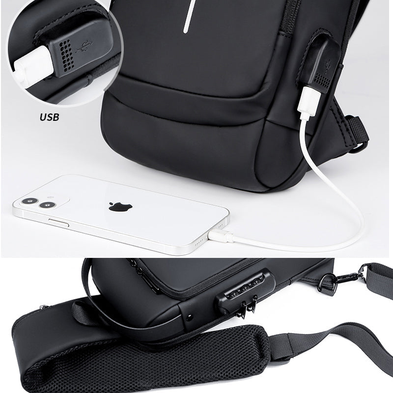 "Unisex stöldskydd bröstväska i svart PU, reflekterande detaljer, framifrån, säker och stilren för dagligt bruk."