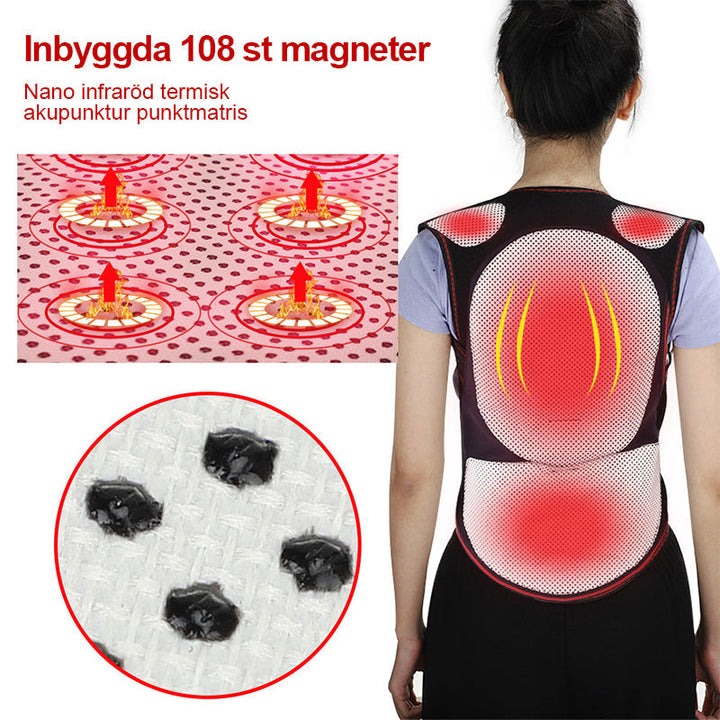 "Unisex svart varmterapiväst med magneter för midja och axel, ergonomisk design, förbättrar blodcirkulation och komfort."