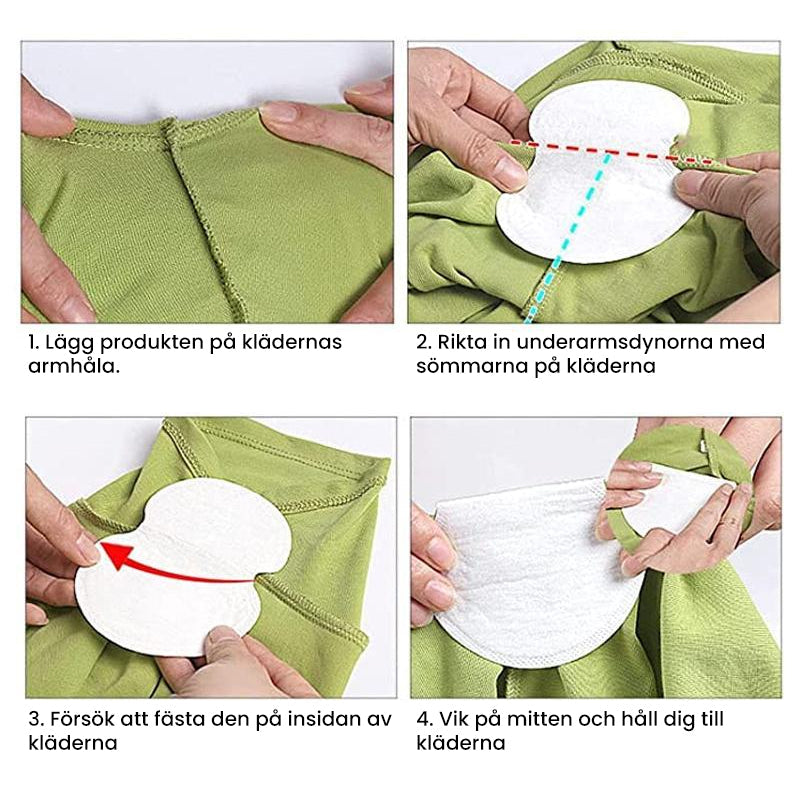 "Unisex svettabsorberande underarmsdynor, miljövänliga, vita och självhäftande, håller dig torr och bekväm hela dagen."