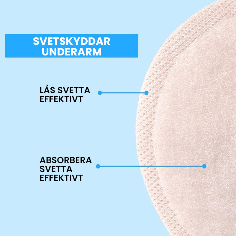 "Unisex svettabsorberande underarmsdynor, miljövänliga, vita och självhäftande, håller dig torr och bekväm hela dagen."