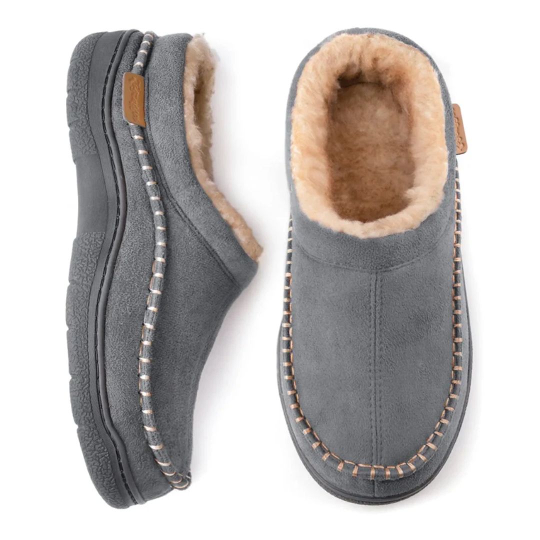 Uppifrån vy av mysiga unisex tofflor med varmt foder och slitstark halkfri sula.