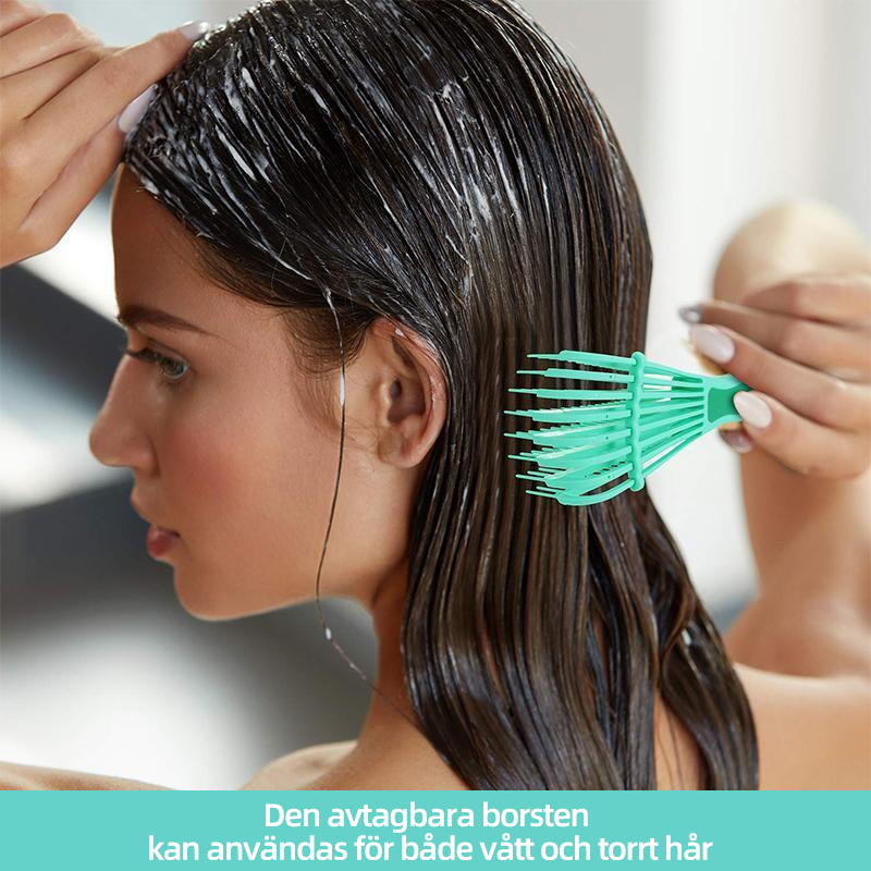 "Unisex trasselfri hårborste i grön färg, ergonomiskt grepp med flexibla nylonborst för alla hårtyper. Perfekt för vått och t
