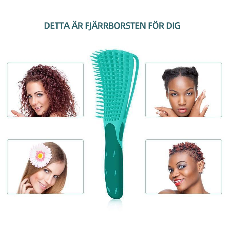 "Unisex trasselfri hårborste i grön färg, ergonomiskt grepp med flexibla nylonborst för alla hårtyper. Perfekt för vått och t