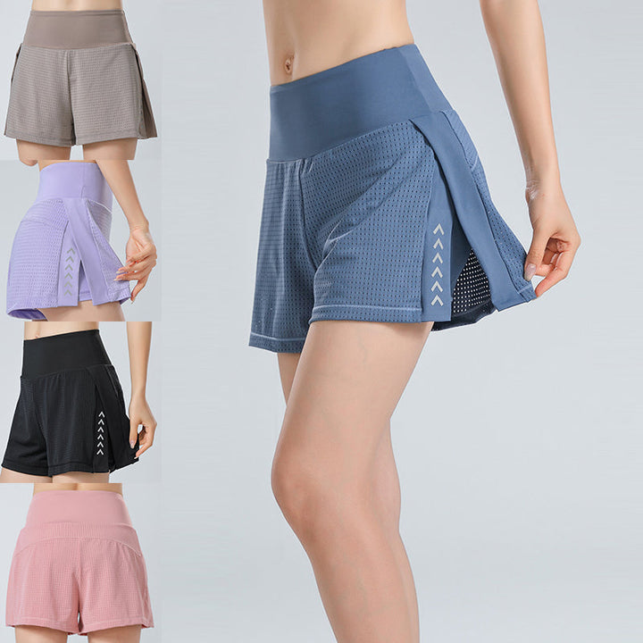 Unisex tvålagers träningsshorts med andningsförmåga och sidoficka, nätöverdrag för rörelsefrihet och hög elastisk midja.