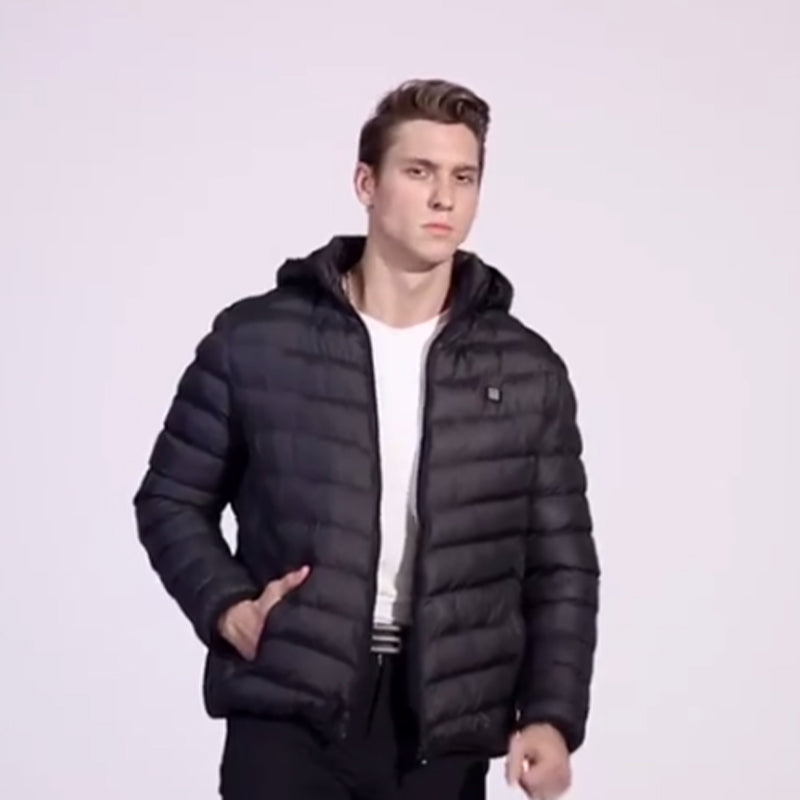 "Unisex uppvärmd pufferjacka för vinter, svart, fram--och baksida, vadderad och elegant för kyliga dagar."