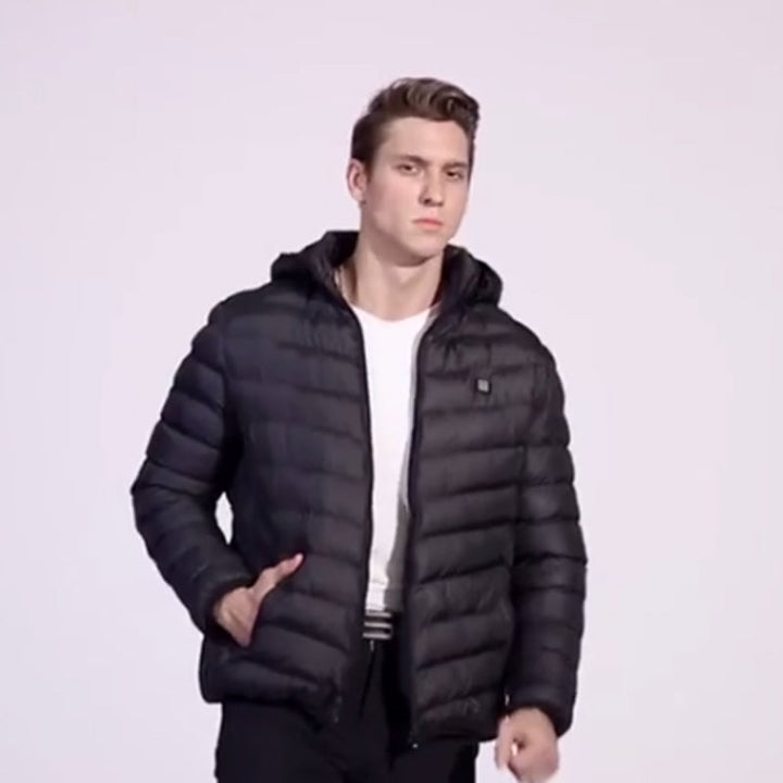 "Unisex uppvärmd pufferjacka för vinter, svart, fram--och baksida, vadderad och elegant för kyliga dagar."