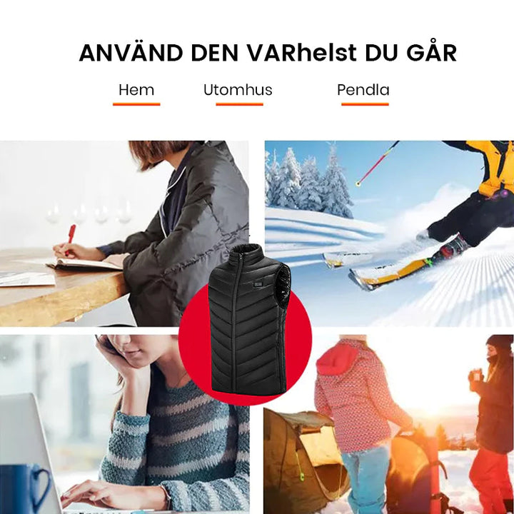 "Unisex uppvärmd väst för vinter, svart och blå. Lätt, bekväm, med snabba värmepaneler och långa batteritid."
