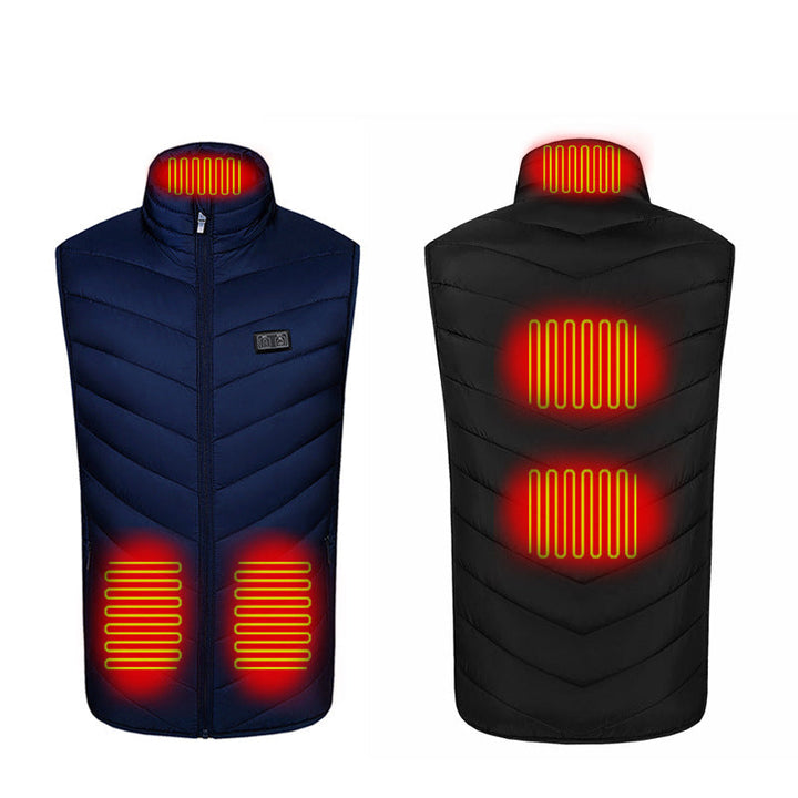 "Unisex uppvärmd väst för vinter, svart och blå. Lätt, bekväm, med snabba värmepaneler och långa batteritid."