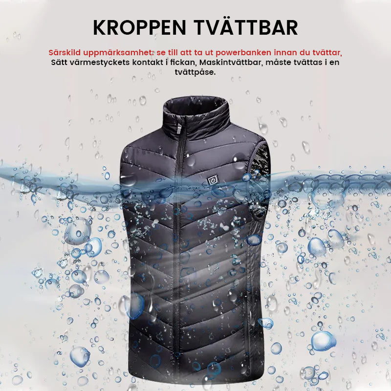 "Unisex uppvärmd väst för vinter, svart och blå. Lätt, bekväm, med snabba värmepaneler och långa batteritid."