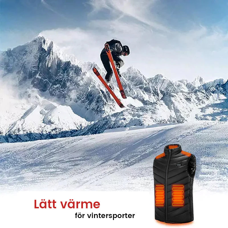 "Unisex uppvärmd väst för vinter, svart och blå. Lätt, bekväm, med snabba värmepaneler och långa batteritid."