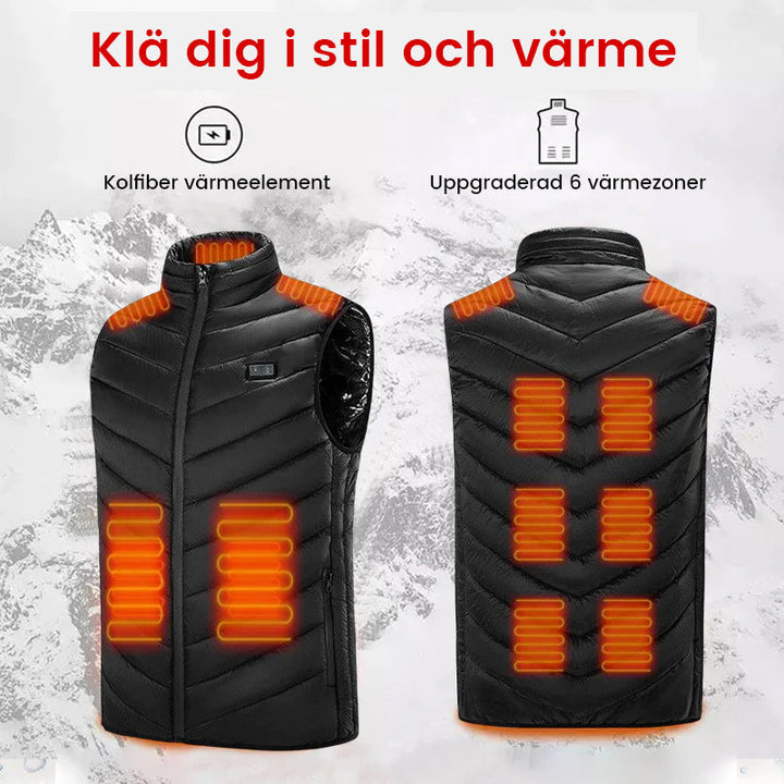 "Unisex uppvärmd väst för vinter, svart och blå. Lätt, bekväm, med snabba värmepaneler och långa batteritid."