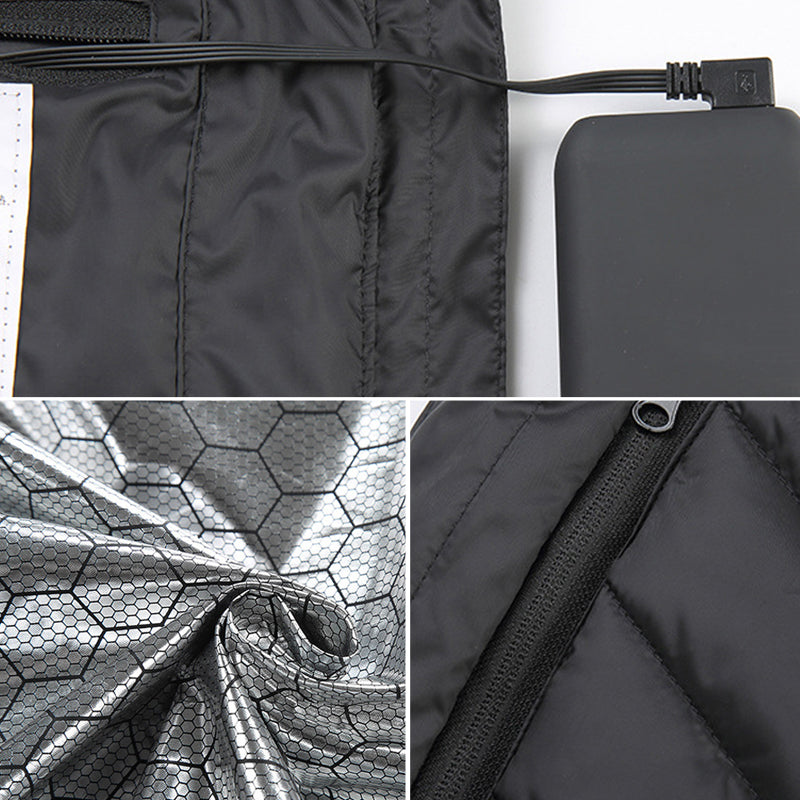 "Unisex uppvärmd väst för vinter, svart och blå. Lätt, bekväm, med snabba värmepaneler och långa batteritid."