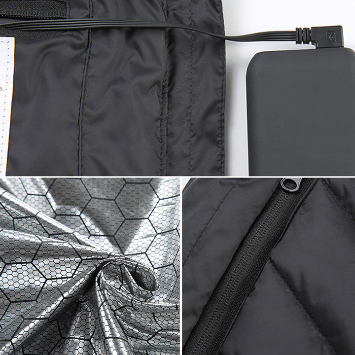 "Unisex uppvärmd väst för vinter, svart och blå. Lätt, bekväm, med snabba värmepaneler och långa batteritid."