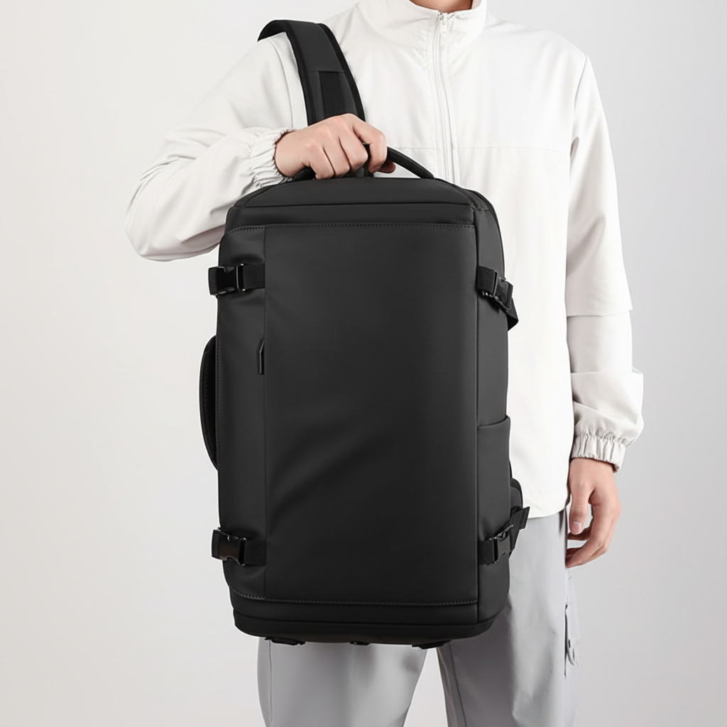 Smart designad skolväska/reseväska med organiserade fack och integrerad USB-laddningsfunktion.