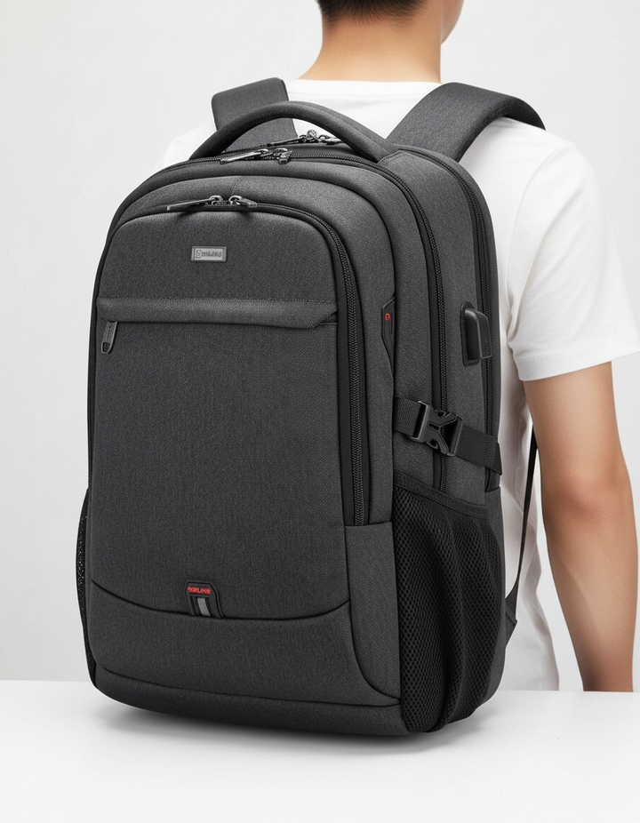 Vattentät laptopväska med inbyggd USB-laddningsport, rymlig för 15.6" laptop och smart förvaring.