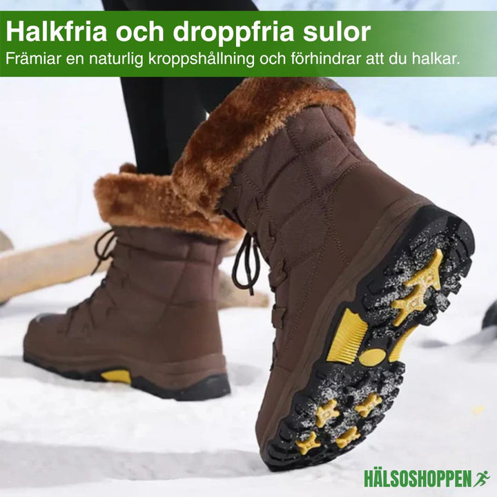 Bruna unisex vattentäta stövlar för höst och vinter. Isolerade snöskor som håller fötterna torra och varma.