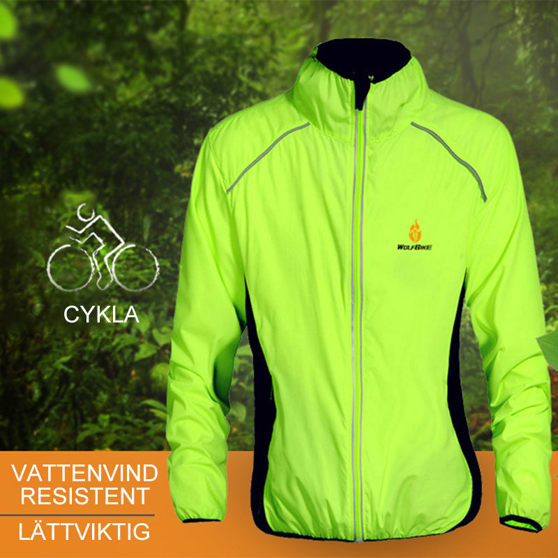 Unisex vattentät sport vindjacka i polyester, finns i flera färger som grön och orange, reflekterande detaljer.