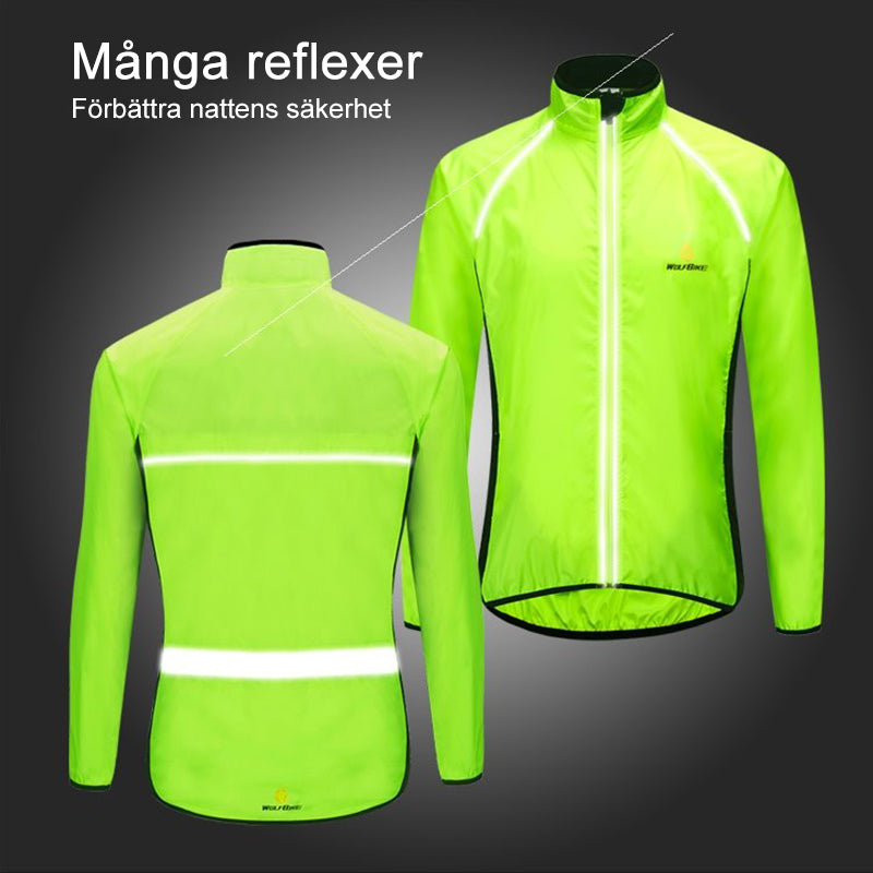 Unisex vattentät sport vindjacka i polyester, finns i flera färger som grön och orange, reflekterande detaljer.