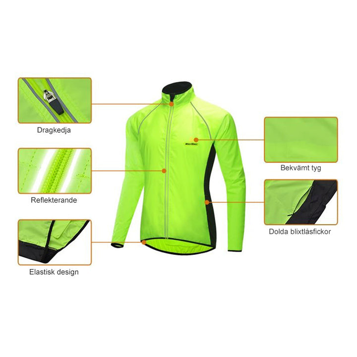 Unisex vattentät sport vindjacka i polyester, finns i flera färger som grön och orange, reflekterande detaljer.