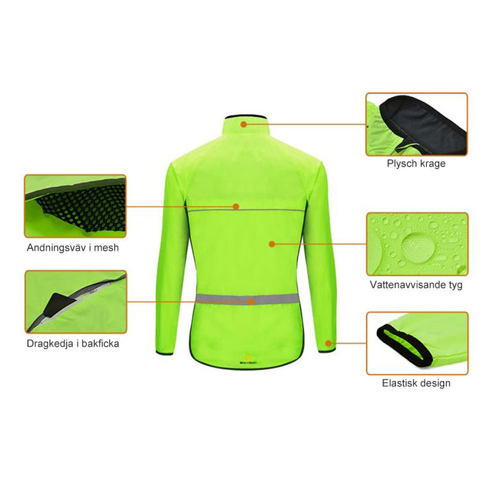 Unisex vattentät sport vindjacka i polyester, finns i flera färger som grön och orange, reflekterande detaljer.