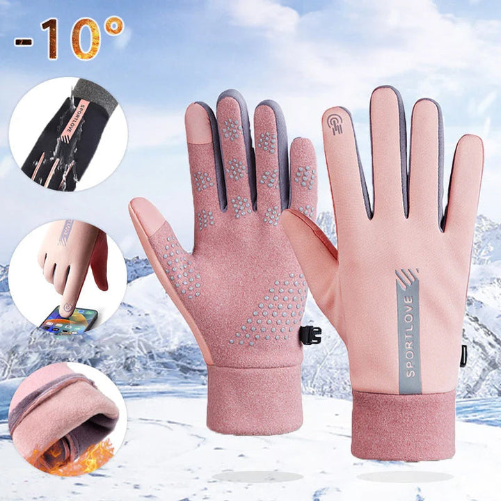 "Unisex vattentäta pekskärmshandskar med silikontryck, mörk design; optimal komfort och halkfritt grepp för kalla dagar."