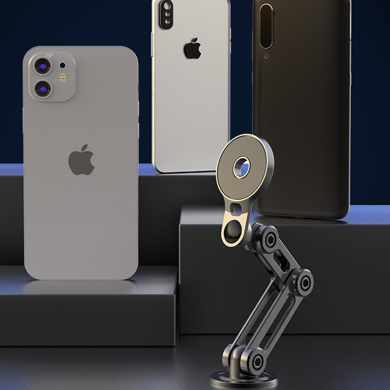Universal 360° biltelefonhållare, magnetiskt fäste, stilren design, säker montering, zinklegering, smartphone kompatibel.