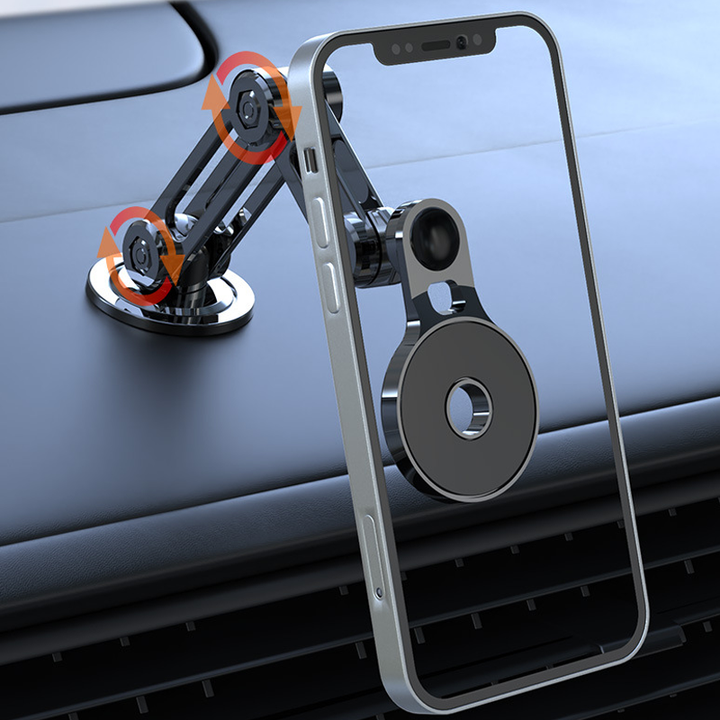 Universal 360° biltelefonhållare, magnetiskt fäste, stilren design, säker montering, zinklegering, smartphone kompatibel.
