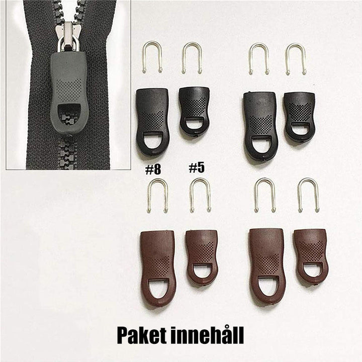 Universal avtagbar dragkedjelås i metall och plast, svart och brunt, passar olika storlekar för väskor och jackor.