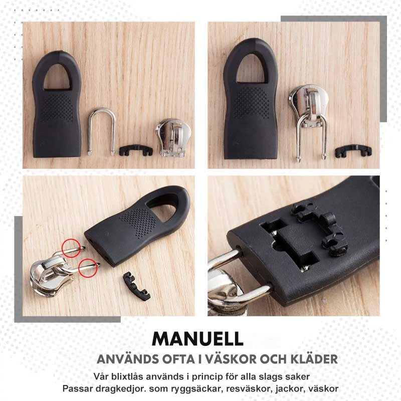 Universal avtagbar dragkedjelås i metall och plast, svart och brunt, passar olika storlekar för väskor och jackor.