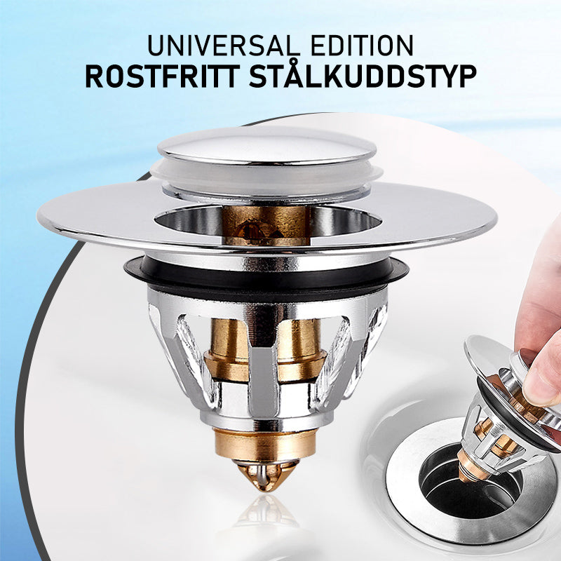 "Universal bottenventil i rostfritt stål, silverfinish, med inbyggd anti-igensättningskorg och enkel tryck-och-pop funktion."