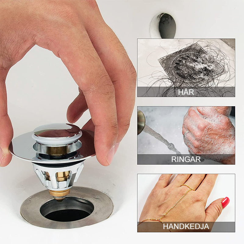 "Universal bottenventil i rostfritt stål, silverfinish, med inbyggd anti-igensättningskorg och enkel tryck-och-pop funktion."