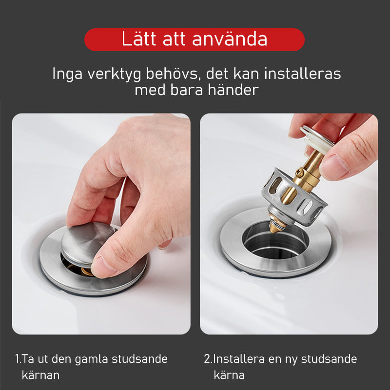 "Universal bottenventil i rostfritt stål, silverfinish, med inbyggd anti-igensättningskorg och enkel tryck-och-pop funktion."
