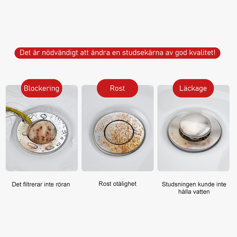 "Universal bottenventil i rostfritt stål, silverfinish, med inbyggd anti-igensättningskorg och enkel tryck-och-pop funktion."